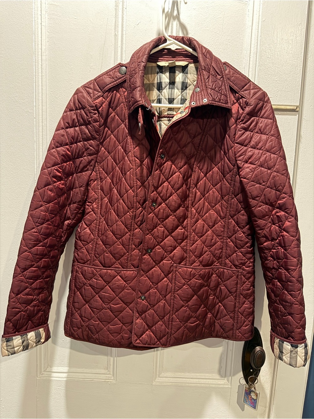 Burberry Brit Burgundy Quilted Jacket Nova Check Snap Front XL